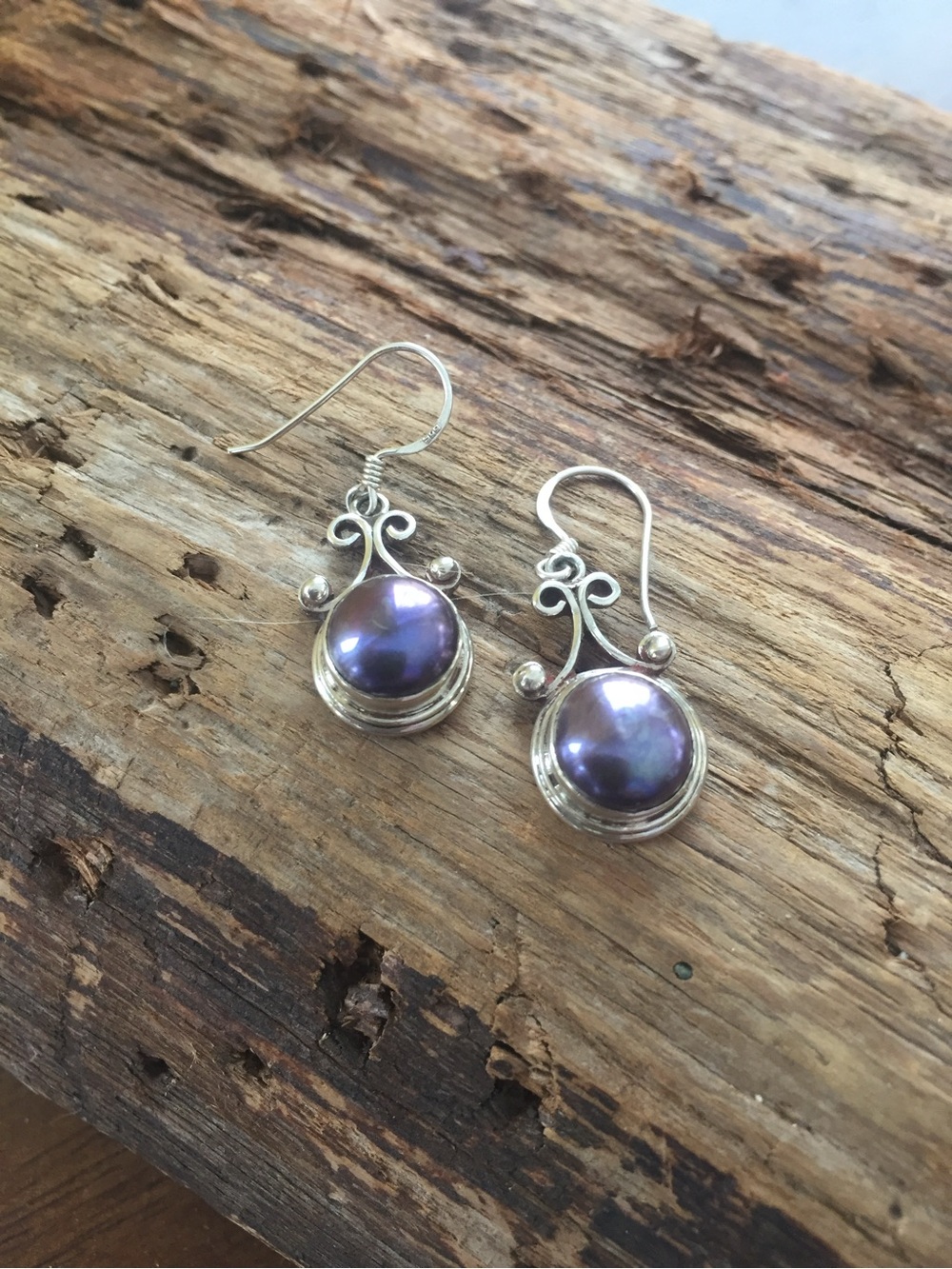 Sterling Silver Earrings with Purple Pearl Drops